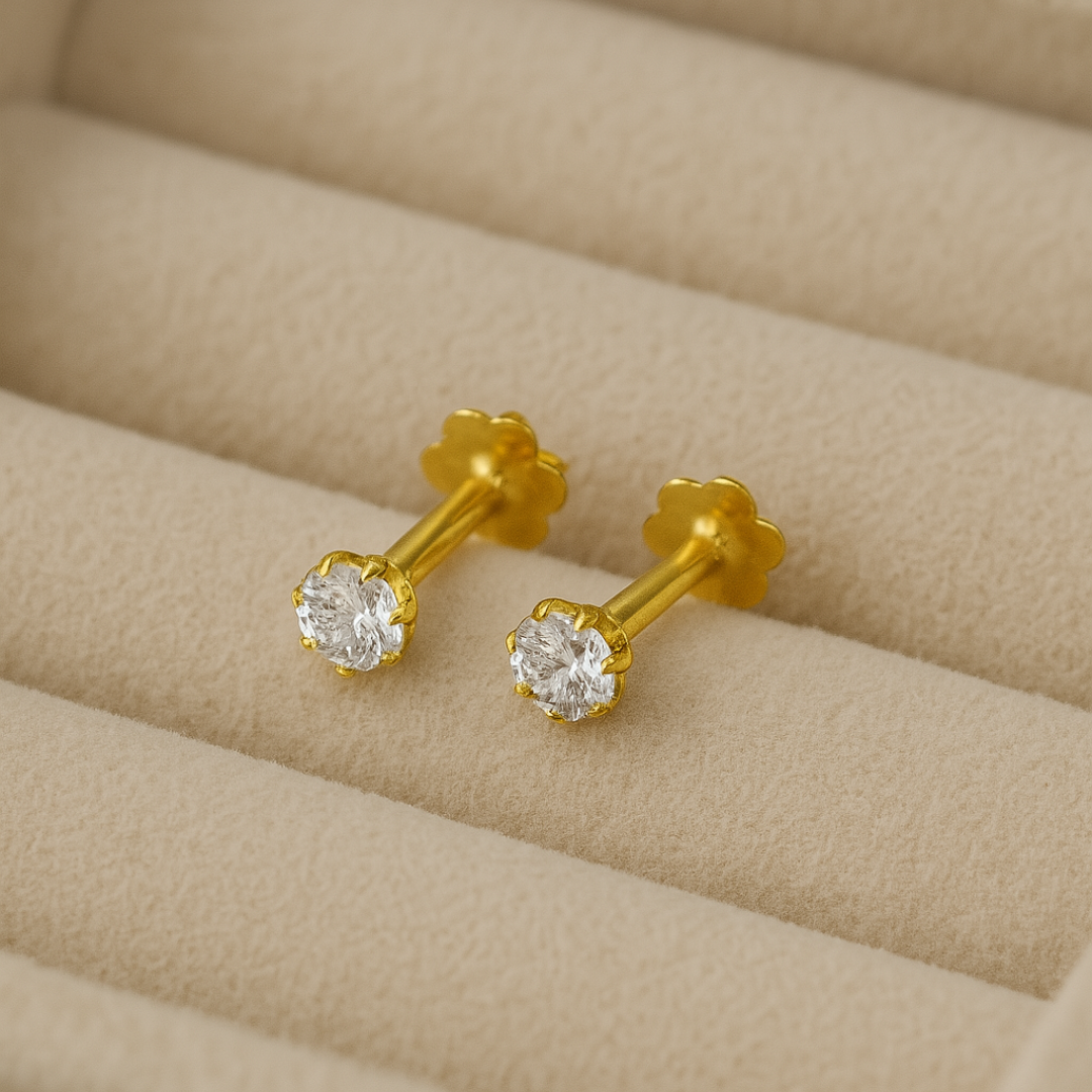 18K Single Stone Ear Pin Pair